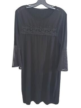 Elie Tahari Black Round Neckline Lace and Mesh Detail 3/4 Bell Sleeve Dress -  M
